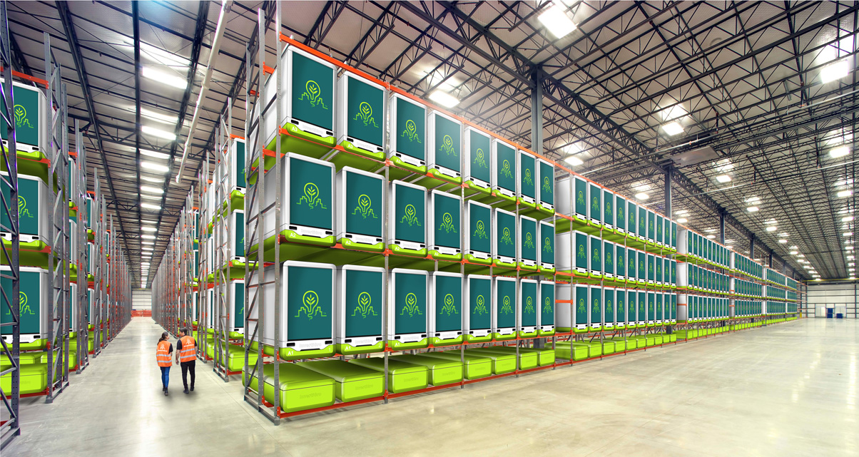 InvertiGro modular sealed grow cubes can be stacked anywhere as you can see in their warehouse