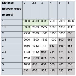 Tree Density-Spacing/Trees per Hectare