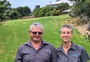 Dan and Nora Gleeson are delighted with the new turf firebreak at The Retreat (Image: Turfbreed)