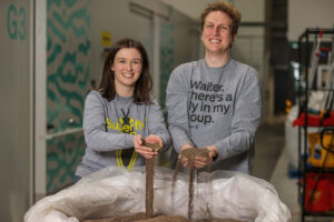 CEO Phoebe Gardner and CTO Alex Arnold with a Bulka Bag of Bardee’s Superfly Certified Organic Fertiliser 
