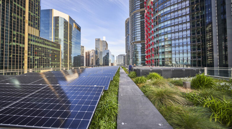 Solar panels integrated with green roof on Daramu House, Gadigal Land (Image: Lendlease)