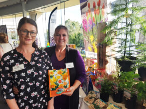 Chloe Van Berkel (left) and Debra Griffin of Trenton Cottage with bulbs and Wollemi pine (Image: John Fitzsimmons)