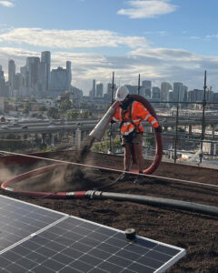 Growing substrate ‘blown’ onto roof garden by the use of a truck mounted hopper (Image: Michael Casey)