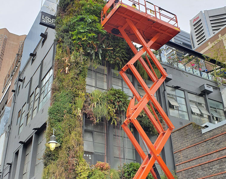Scissor lift in action maintaining a city green wall (Image: Fytogreen)