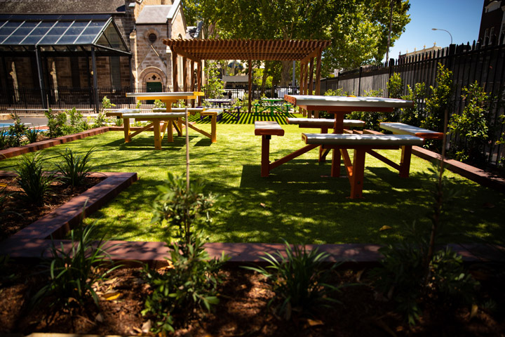 Work included the provision of new seating for students, with easy-care synthetic turf