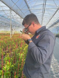 Mitch at Eyles Nursery performing crop monitoring (Image taken by Emma De Landre of GIA)