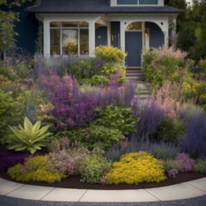 A photo-realistic landscape design featuring a front garden. The prompt requested that the image be “infused with the style of Claude Monet’s works, evoking the dreamy atmosphere of his Giverny garden” (AI model used = Absolute Reality v16)