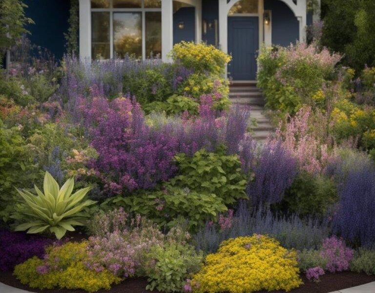 A photo-realistic landscape design featuring a front garden. The prompt requested that the image be “infused with the style of Claude Monet’s works, evoking the dreamy atmosphere of his Giverny garden” (AI model used = Absolute Reality v16)