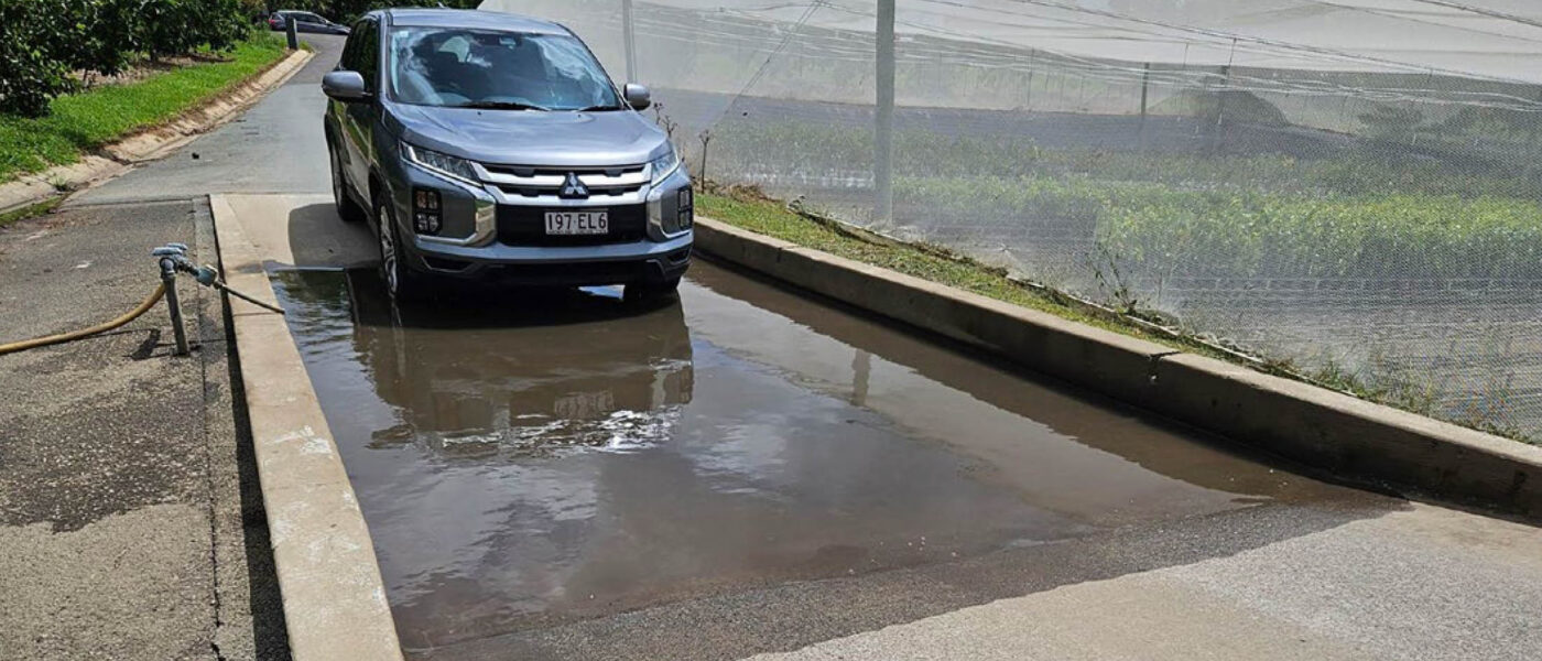 Vehicle baths must be of a sufficient size that wheels completely come in contact with disinfectant