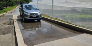 Vehicle baths must be of a sufficient size that wheels completely come in contact with disinfectant