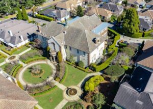 An aerial image of Annesley highlights the use of Buxus hedging to create a formal framework for the gardens