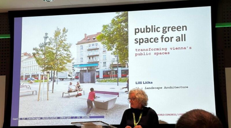 Professor Lili Licka discussing “Public green space for all” to a full room of urban greening professionals