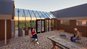 3D visualisations showing the integration of an architecturally-designed glasshouse into a modernistic residential design in rural Tasmania (Image: Ludovic Vilbert, Inwardout Studio)