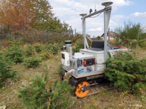 The WeBaRo project involving Innok is focused on Christmas tree farming. The platform's capabilities include planting seedlings in holes drilled with 'centimetre accuracy'. Planting holes are georeferenced and a virtual map with georeferenced tree positions is created as the basis for satellite-controlled navigation for all subsequent autonomous work in the crop (Image: Innok)