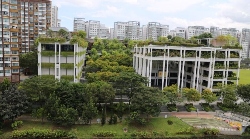 Punggol Mall in Singapore uses green roofs, podium gardens and tiered levels that retain water to avoid peak discharge into the river system – a great example of a nature-based storm water management solution (Image: Michael Casey)