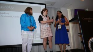 Prof. Neena Mitter, receiving her Anita Boucher Award From Karen Smith and Lisa Wightwick (image supplied by Karen Smith)