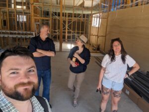UTS Researchers at the site of the hempcrete-built Lithgow Women’s Shed in Lithgow, NSW. (L-R) Peter Irga, Arnaud Castel, Michelle Zeibots, and Gabby Duani (images supplied by Dr Peter Irga)