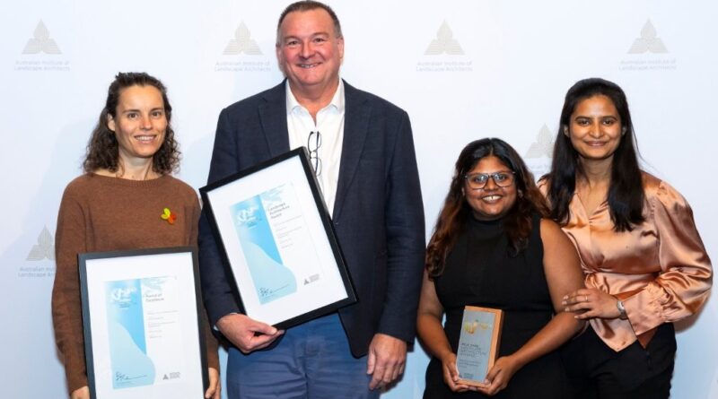 L-R: Heidi Mikulic, David Hay, Oshadi Jayasinghe and Priyanka Patil from Thomson Hay Landscape Architects (THLA) celebrating their win at the recent AILA Awards dinner (Image: Thomson Hay Landscape Architects)