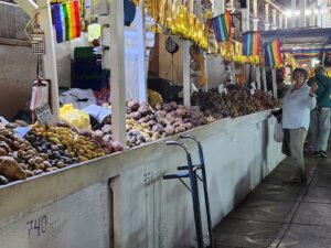Di Larkman perusing potatoes at the San Pedro market in Cusco (Image: Clive Larkman)