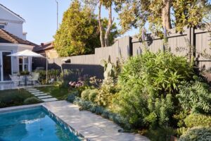 Lush plantings frame the pool, including Ajuga reptans ‘Catlin's Giant’, underplanted with Rhaphiolepis indica (Indian hawthorn) and Casuarina glauca Prostrate Form