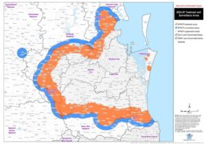 Fire ant treatment (orange) and surveillance (blue) zones in southeast Queensland and northern New South Wales (Image: The State of Queensland)