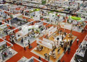 A dynamic overview of HortEx, where international exhibitors showcase horticultural innovation across bustling national pavilions (Image: HortEx)