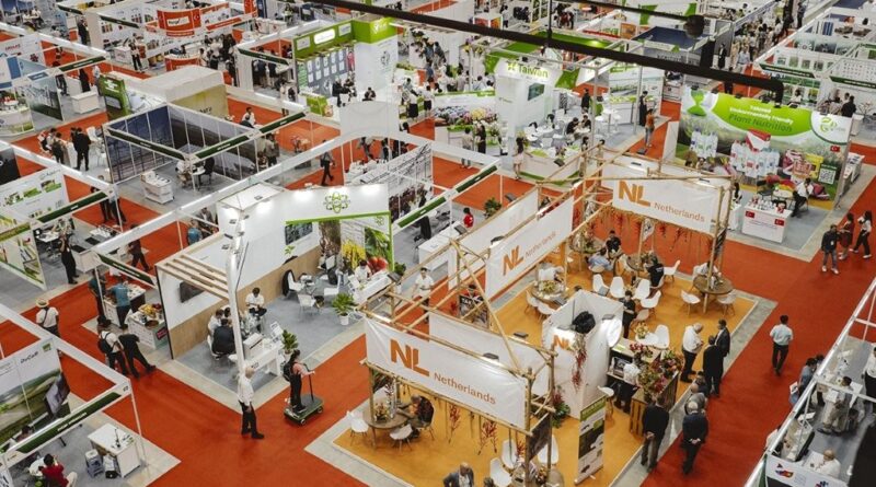 A dynamic overview of HortEx, where international exhibitors showcase horticultural innovation across bustling national pavilions (Image: HortEx)