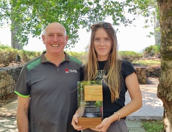Pearl Bridge with her teacher Hugh Monk from TAFE Wollongbar (Image: Patrick Regnault)