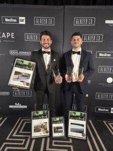 Joshua (left) and Mitchell (right) at The Landscape Association’s annual awards ceremony where their team also took out the Landscaper of the Year ‘Residential Construction’ category for their ‘Mosman Hideaway’ project (Image: Supplied by Mitchell Kushturian)