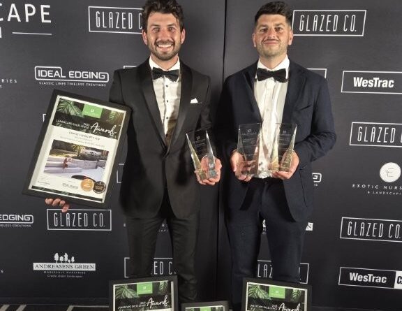 Joshua (left) and Mitchell (right) at The Landscape Association’s annual awards ceremony where their team also took out the Landscaper of the Year ‘Residential Construction’ category for their ‘Mosman Hideaway’ project (Image: Supplied by Mitchell Kushturian)