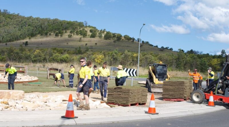 Council staff and apprentices on site installing the new Sir Grange Zoysia turf on the roundabout at Croome Rd, Shellharbour (Image source: Turfco Australia)