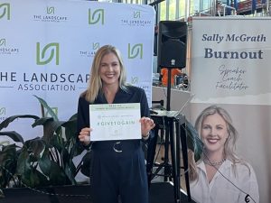 Keynote speaker Sally McGrath shares this year’s International Women’s Day ‘Give to Gain’ message (Image: The Landscape Association)