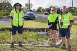 Kingston City Council’s Horticulture South Team: Craig Howes, Logan Haddon, Bailey Esler (left to right), and Peter Heywood (not in photo) taking out the win with their raingarden at Wells Rd, Chelsea Heights (Image: City of Kingston)