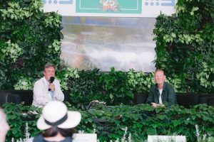 Trevor Cochrane (Garden Guru Productions, Channel 9) and Julian Rose (Deep Green Landscaping) on the Legends and Legacies stage (Image: Krystle Ricci)